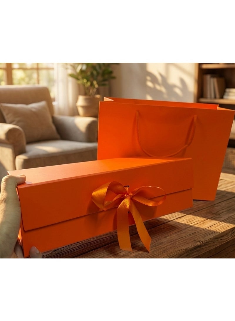 Orange Gift Box With Gift Bag 32x20x10cm Large laminated luxury Gift box hermes orange Gift Boxes Magnetic Closure with Ribbon with Foldable Lid boxes for Women Wedding bridal Gifts Birthday Wedding Gifts Packaging - view 4